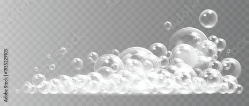 Soft white foam and floating soap bubbles. Realistic vector illustration