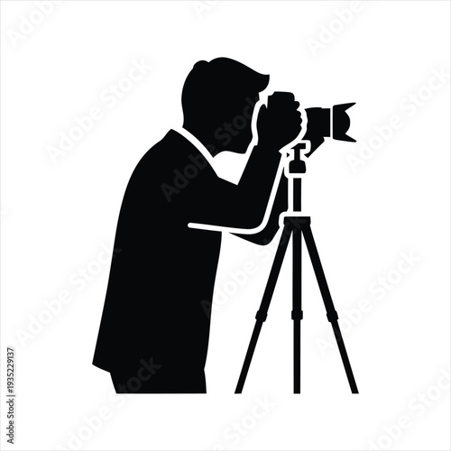 Photographer with camera on tripod standing vector illustration, man taking photo, photo shoot, paparazzi silhouette