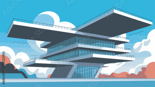 A modern, futuristic building with a unique design stands against a blue sky with clouds.