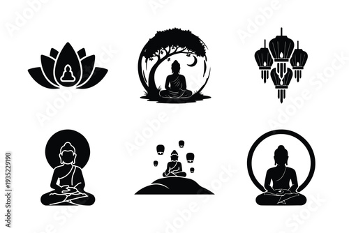 Vesak night Buddha meditation silhouette set. Vector