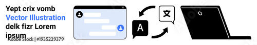 Language translation, digital communication, online learning, globalization, content creation, collaboration. Chat interface, translation icon arrows and a laptop. Language translation and digital