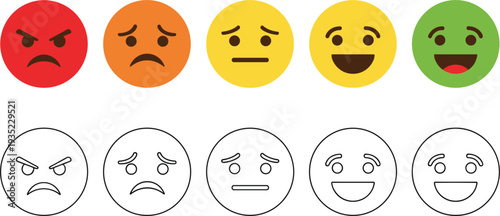 Collection of Emoticon Faces in Different Expressions, Colorful Emotions Featuring Red, Orange, Yellow, Green, and Smiling Emoticons