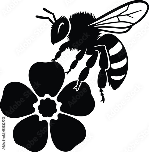 Bee silhouette on flower isolated on white background, pollination concept black insect icon, botanical floral flat vector illustration for nature and ecology design