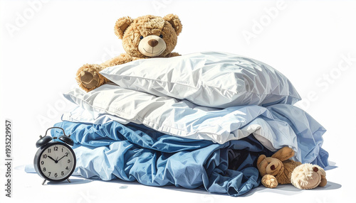 Soft teddy bear and classic alarm clock on top of stacked blue and white bedding set with pillows and crumpled sheets isolated on white for bedroom or childhood concept