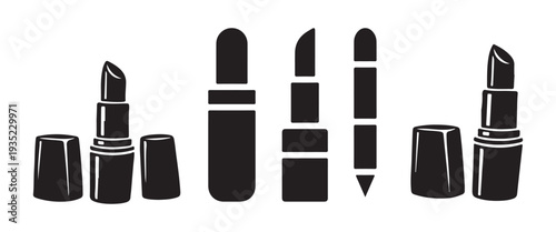Black Lipstick and Eyeliner Icon Set – Makeup Cosmetic Vector Symbols Isolated on White BackgroundWeb