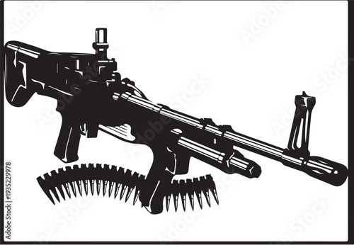 Print Machine Gun Silhouette with Ammunition Belt – Military Weapon Vector Illustration