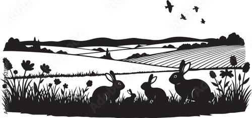 Silhouette of rabbits and flowers in a rural landscape scene