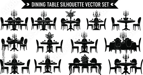 Large collection of elegant dining table silhouettes featuring various ornate furniture styles with candelabras and floral centerpieces for restaurant interior design and events