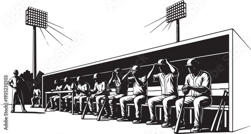 Baseball players sitting in dugout under stadium lights illustration