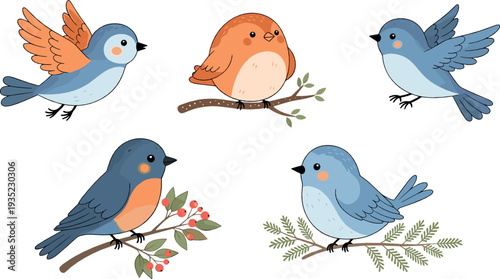 Cute Blue Bird Collection with Perched and Flying Songbirds on Branches Vector Illustration Set