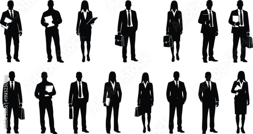 Large collection of professional business people silhouettes wearing formal suits and carrying briefcases isolated on white background for corporate office vector design.