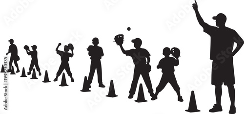 Baseball Players Practicing with Coach on White Background Silhouette