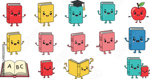Cute Cartoon Book Characters Collection with School Textbooks, ABC Alphabet and Graduation Cap Vector Illustration Set