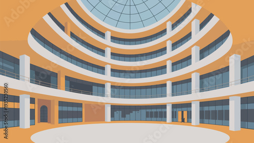 A modern, multi-story building with a large atrium and glass dome, featuring a vibrant orange and white color scheme.