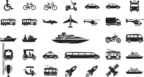 Black and white transportation on white background vehicles modes of transport