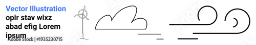 Renewable energy, green technology, sustainability, environmental conservation, clean power, wind energy. A wind turbine next to a cloud and flowing wind symbols. Renewable energy and green