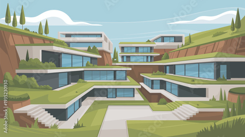 A modern and sleek residential complex nestled in a serene natural landscape with green roofs and large windows