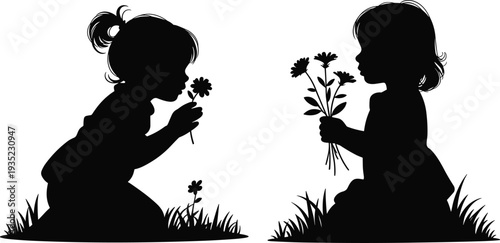 Children silhouette with flowers, little girls holding and smelling bouquet in grass vector illustration isolated