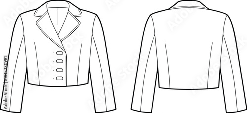 Cropped blazer jacket front and back view, women fashion outline vector illustration isolated on white background
