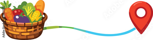 Fresh vegetable basket with location pin icon, farm delivery concept vector illustration isolated on white background