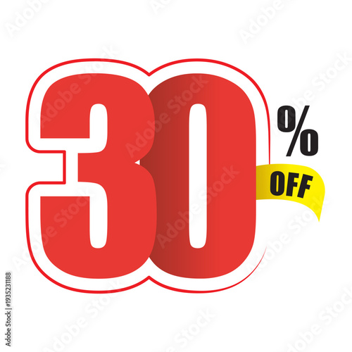 Red 30 percent off sale tag with yellow ribbon discount offer promotion