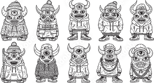 Collection of ten black and white cartoon monsters with horns, multiple eyes, and streetwear clothing, in a detailed doodle style.