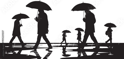 Silhouette of people walking with umbrellas on rainy day