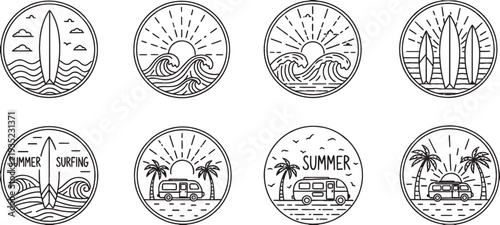A collection of eight circular line art illustrations depicting summer and surfing themes, including surfboards, waves, sun, palm trees, and camper vans, perfect for beach-inspired designs.