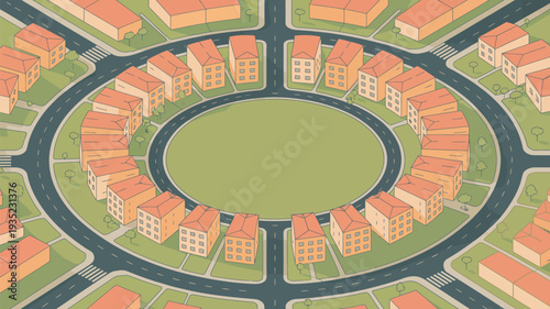 An aerial view of a suburban neighborhood with a circular road and green park in the center surrounded by houses