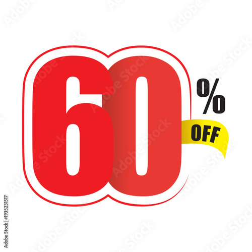 Red 60 percent off sale tag with yellow ribbon discount promotion offer
