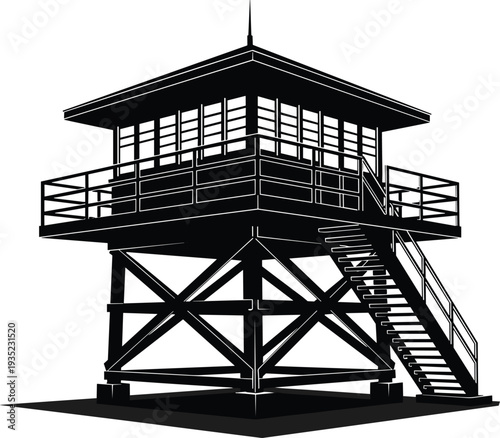 Lifeguard tower silhouette illustration, wooden beach watchtower with stairs isolated on white background for coastal safety, summer vacation and seaside architecture design