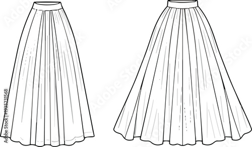 Long skirt front and back view, women fashion outline vector illustration isolated on white background