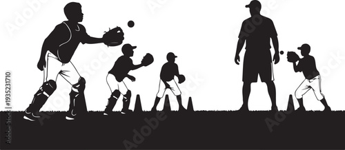 Baseball players and coach in action silhouette illustration