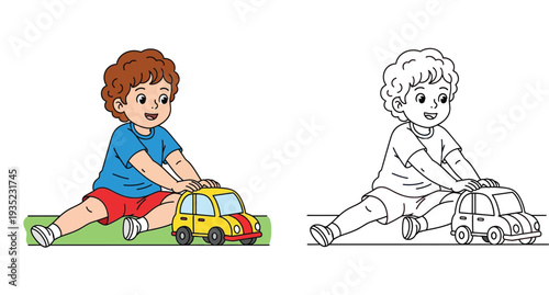 Cute cartoon little boy playing with toy car illustration. Color and black and white line art coloring page for kids.