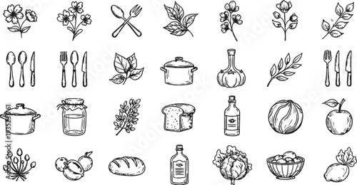 Collection of hand-drawn food, cooking utensils, and plant icons in black and white sketch style for culinary themes.