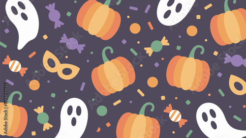 A festive Halloween pattern featuring pumpkins, ghosts, candy, and masks on a dark background