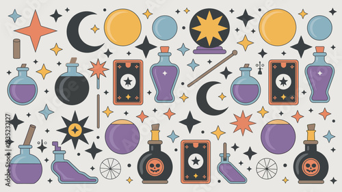 A whimsical illustration of magical objects and symbols, including potions, stars, and tarot cards, on a white background.