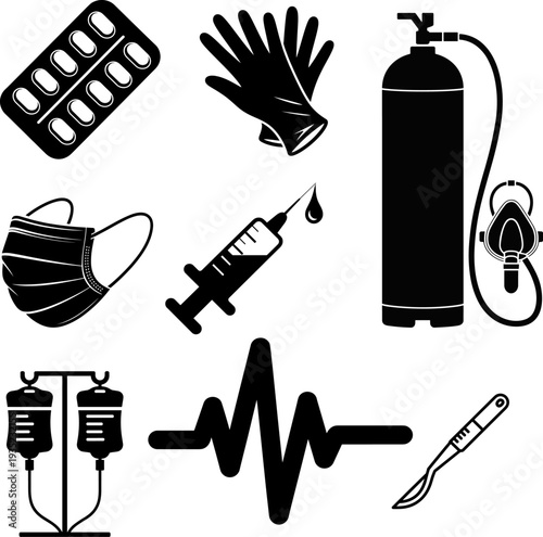 Essential Medical Healthcare Icons Vector Set: Pills, Syringe, Mask, Oxygen Tank, Scalpel, IV Drip & Heartbeat for Hospital, Clinic & Emergency Design Needs