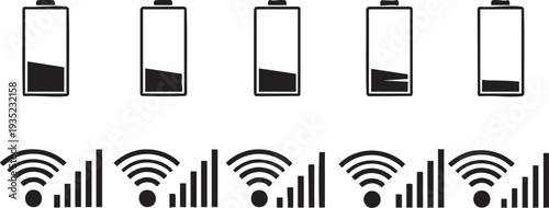 Black battery and wifi signal strength symbols on white background battery wifi black and white