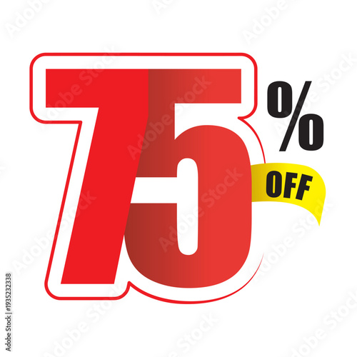Red 75 percent off sale tag with yellow ribbon discount promotion