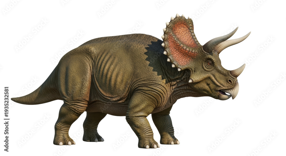 Fototapeta premium Isolated Triceratops dinosaur realistic detailed rendering with horns and frill on display