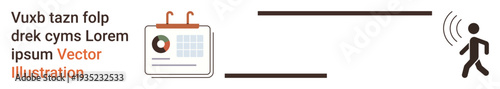 Time management, data analytics, tracking, scheduling, sound detection, auditory signals, and wearable tech. Calendar with data graph and person emitting sound waves. Time management and data