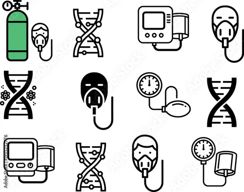 Comprehensive Medical & Science Icon Set: DNA, Oxygen Therapy, and Blood Pressure Monitoring Vectors for Healthcare, Biology, and Wellness Infographics