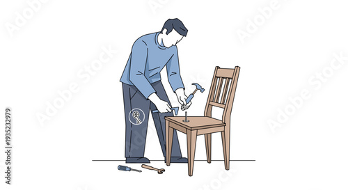 Man Assembling Wooden Chair with Tools.