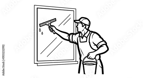 Man Cleaning Window with Squeegee Tool.