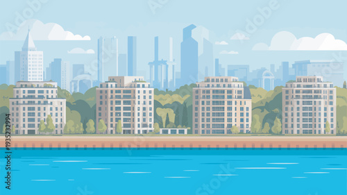 A serene cityscape with modern buildings and a calm body of water in the foreground under a light blue sky