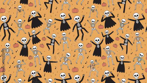 A playful Halloween pattern featuring dancing skeletons and pumpkins on an orange background