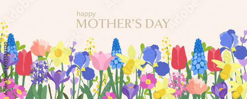 Spring flowers background or banner template. Hand drawn vector illustration of crocuses. Mothers day abstract theme in flat design.