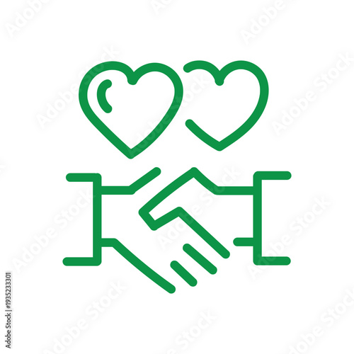 Handshake friendly agreement partnership deal corporate trust contract thin outline icon. Minimalist line sign two hands shaking each other and heart symbol. Vector isolated pictogram for web and app.