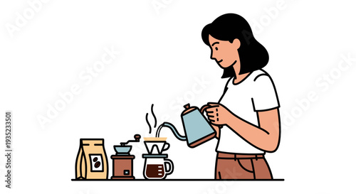 Woman Pouring Coffee from Kettle.